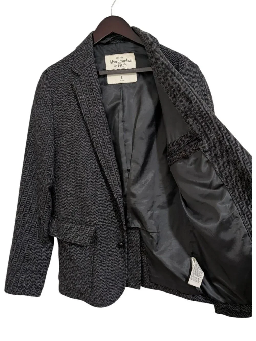 Abercrombie & Fitch Men's Wool Blend Herringbone Blazer Jacket Charcoal Gray L
